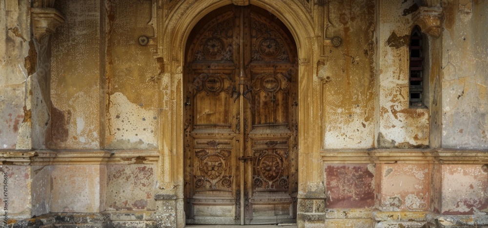 The once grand entrance of a majestic castle now shows signs of wear and tear. The intricate details of the wooden door have faded yet the whispers of its rich history can