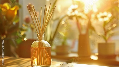 Glass bottle with reed diffusers in sunlight background photo