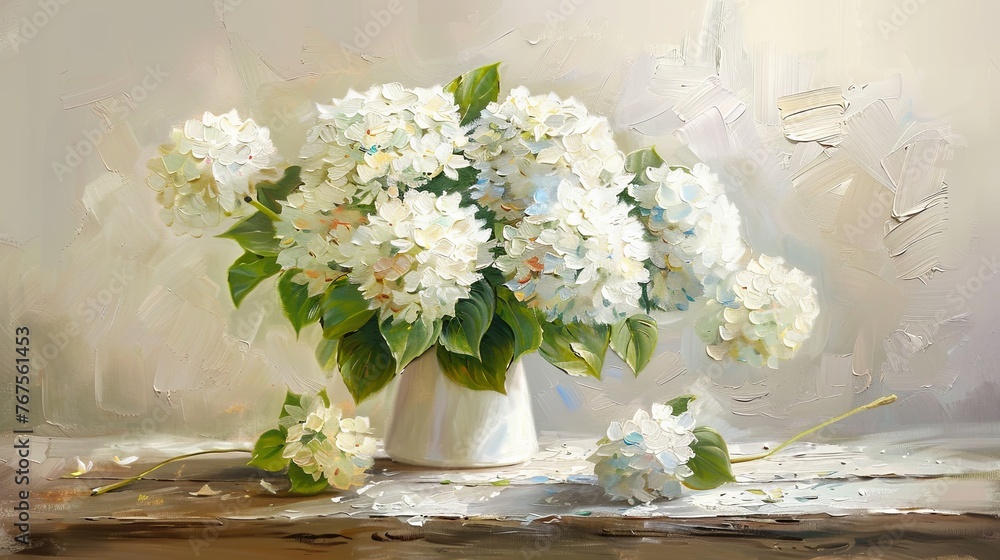 a bouquet of white hydrangeas in a simple white vase, situated on a wooden table. The painting should capture the soft, diffused light of early morning a bouquet of white hydrangeas in a simple white vase, situated on a wooden table. The painting should capture the soft, diffused light of early morning
