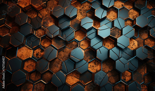 Abstract metallic corrosion texture hexagon pattern with glowing orange red flame on black grey background technology style. Modern futuristic honeycomb concept. 