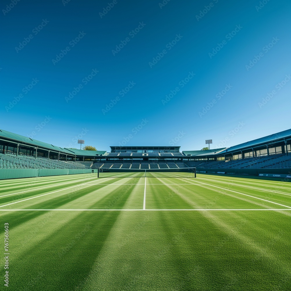 A Tennis Court With Grass and Blue Sky