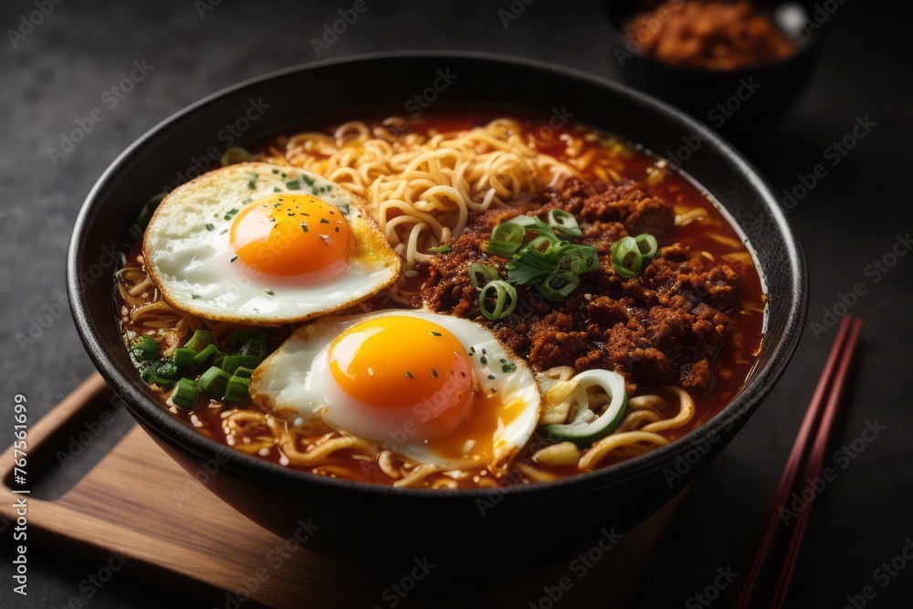 Spicy Korean ramen or ramyeon with noodles and egg, delicious restaurant food menu Spicy Korean ramen or ramyeon with noodles and egg, delicious restaurant food menu