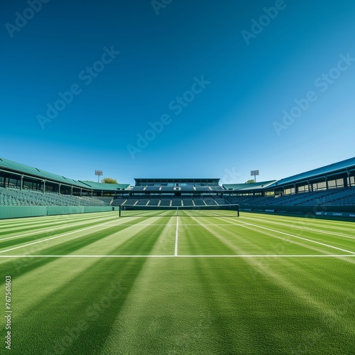 A Tennis Court With Grass and Blue Sky