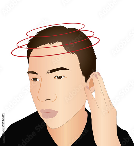 A man feeling headaches or meniere's disease or migraine or vertigo, illustration on white background