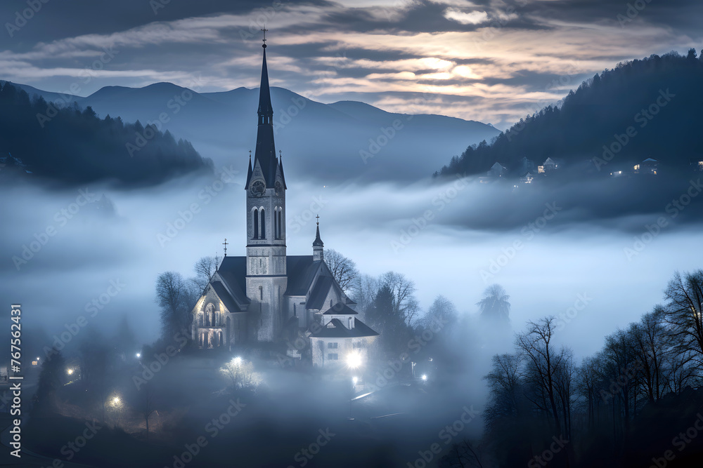Fototapeta premium Catholic Church against the backdrop of sunrise and morning fog in the mountains. religion and christianity
