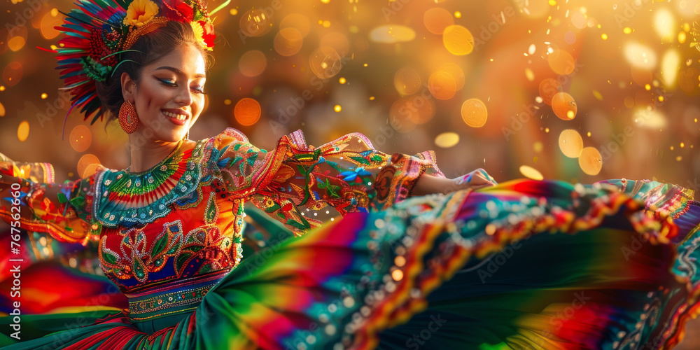 Joyful Woman Traditional Cinco de Mayo Dance Golden Hour Performance Colorful Costume