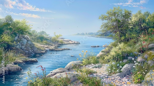 Image of a quiet coastal scene  where gentle waters meet rocky shores  dotted with lush greenery and wildflowers. A serene river carves through the landscape  reflecting the clear blue sky above