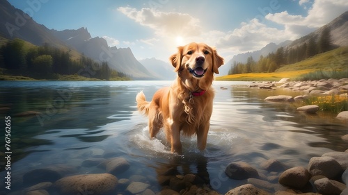 golden retriever in the mountains, 