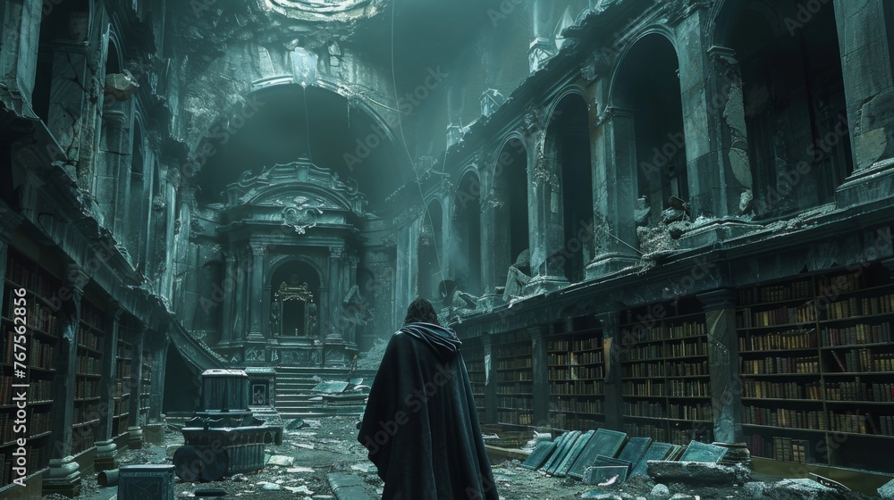 A grand library filled with ancient tomes and scrolls is situated near the throne containing the sacred laws and knowledge of the cosmos. - obrazy, fototapety, plakaty 