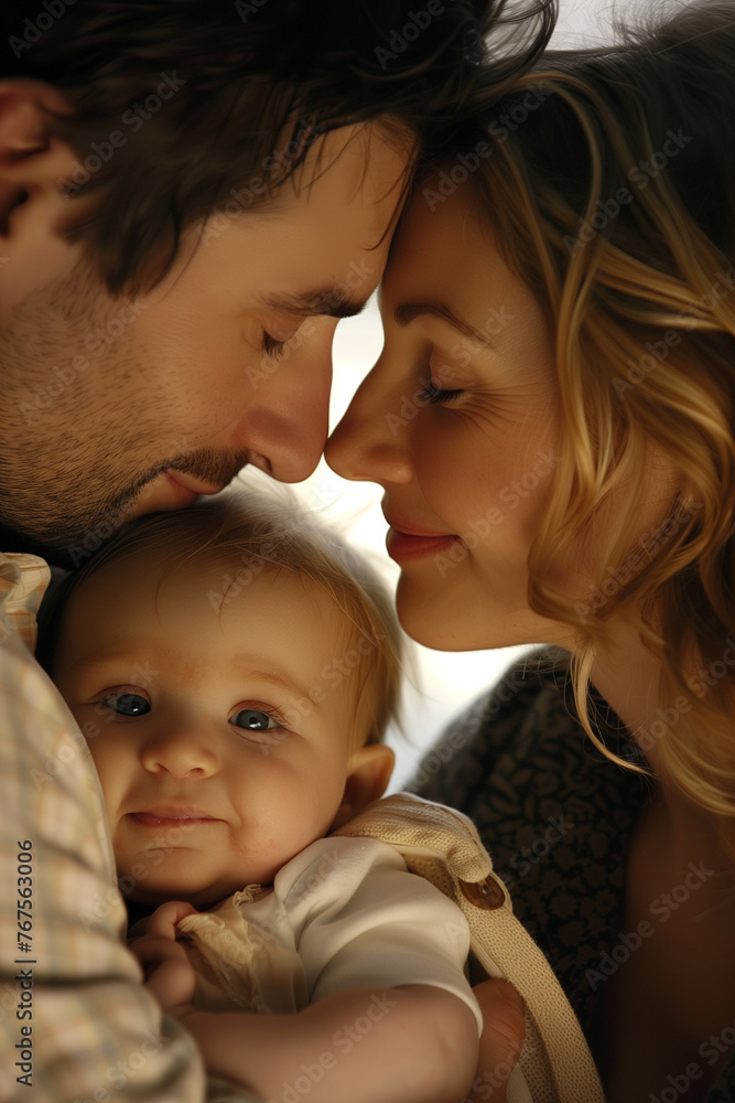 Happy couple kissing newborn baby, showing affection to infant child Happy couple kissing newborn baby, showing affection to infant child