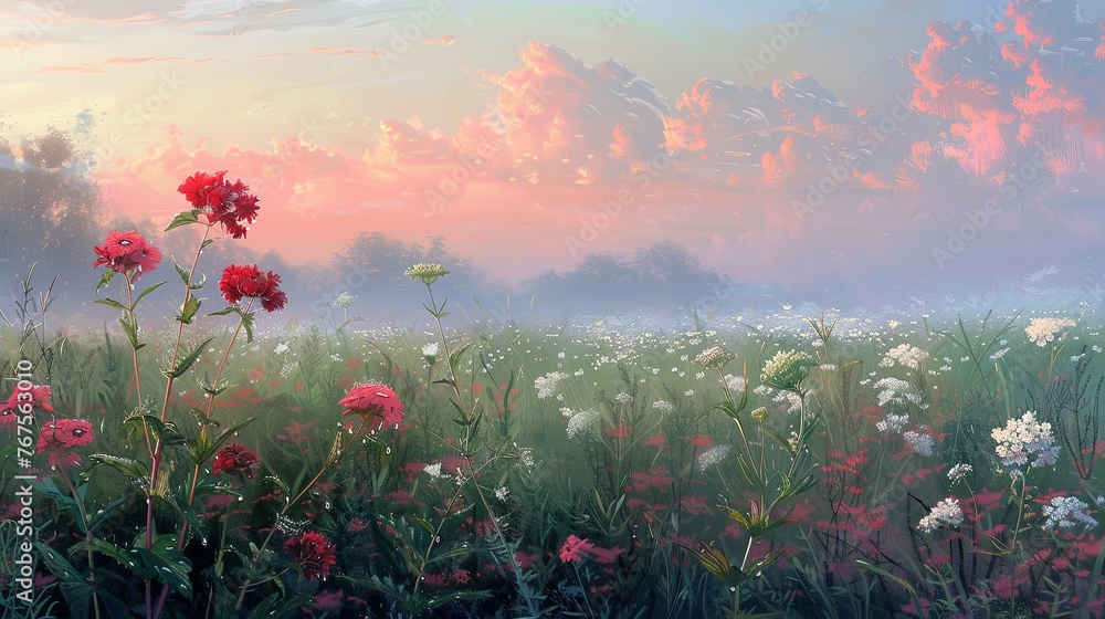 serene meadow at the edge of dawn, the sky softly blushing with the first light of day. The field is home to a wild array of flowers; pink, white, and crimson heads bob gently in the morning breeze.