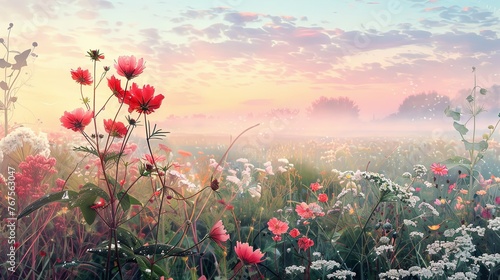 Image of a serene meadow at the edge of dawn, the sky softly blushing with the first light of day. The field is home to a wild array of flowers; pink, white