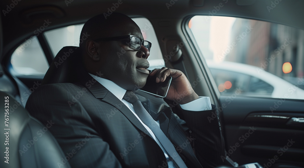 Professional businessman in suit discussing on phone during commute in the back seat of the car Professional businessman in suit discussing on phone during commute in the back seat of the car
