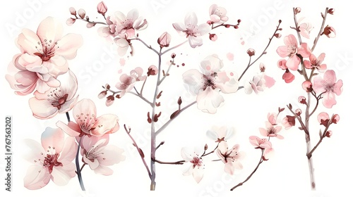 Delicate Cherry Blossom Floral Branches in Soft Pink and White Watercolor Paint Strokes © Mickey