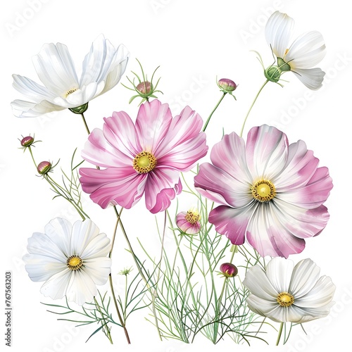 Delicate Cosmos Flowers in Soft Pink and White Hues with Lush Greenery