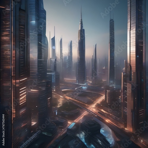 A digital illustration of a futuristic city skyline, with towering skyscrapers and advanced technology1