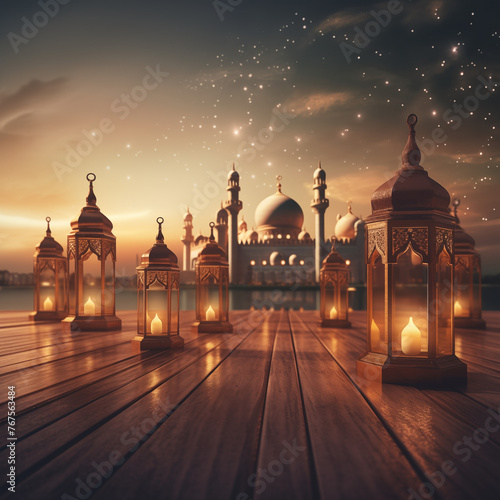 Eid mubarak with mosque and lanterns islamic celebration eid ul fitr ramadan mubarak