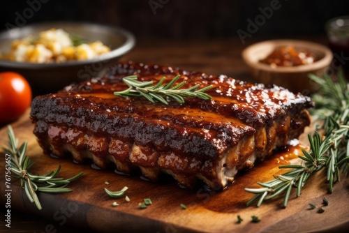 Pork ribs with barbecue seasoning and rosemary on wooden table