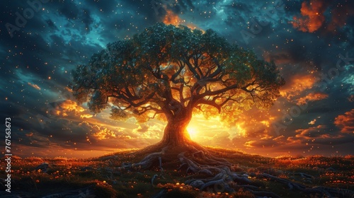 A majestic tree stands tall against a dreamy sunset sky its roots deeply grounded in the earth as its branches stretch towards the endless possibilities of the universe. This
