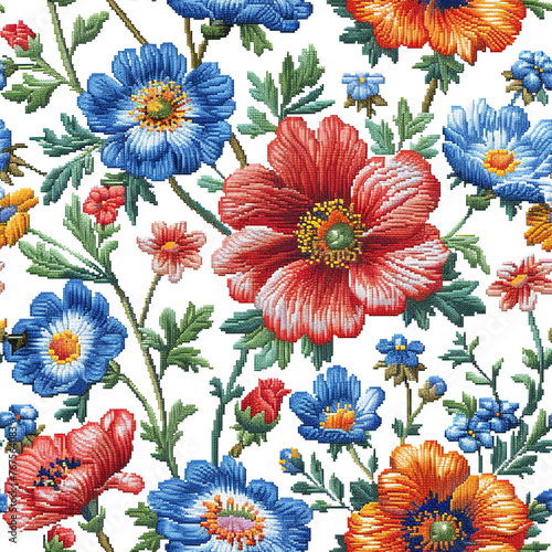 Colorful floral seamless pattern with vibrant colors flowers, ideal for fabric design or wallpaper.