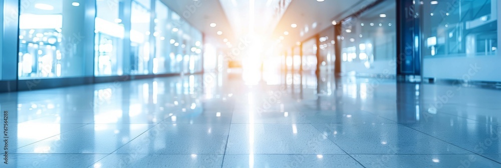 Light blue blurred background panoramic image of a spacious office or mall or public space corridor. Light blue blurred background panoramic image of a spacious office or mall or public space corridor.