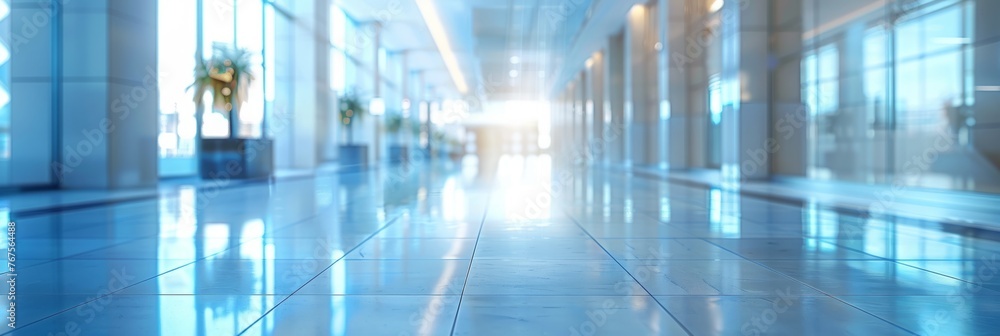 Light blue blurred background panoramic image of a spacious office or mall or public space corridor. Light blue blurred background panoramic image of a spacious office or mall or public space corridor.