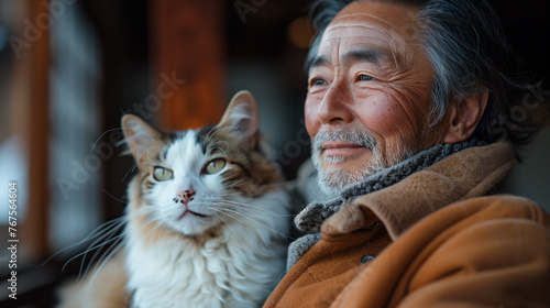 A portrait of contentment as an elderly man with a gentle smile shares a peaceful moment with his cherished cat, both looking into the distance.