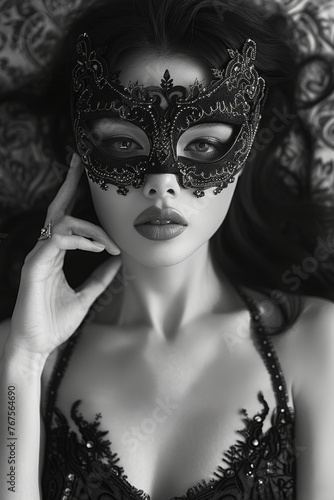 Enigmatic Black-Haired Beauty in Elegant Lace and Masquerade Mask, Lying on her Back, Magic and Fantasy in Black and White. 
