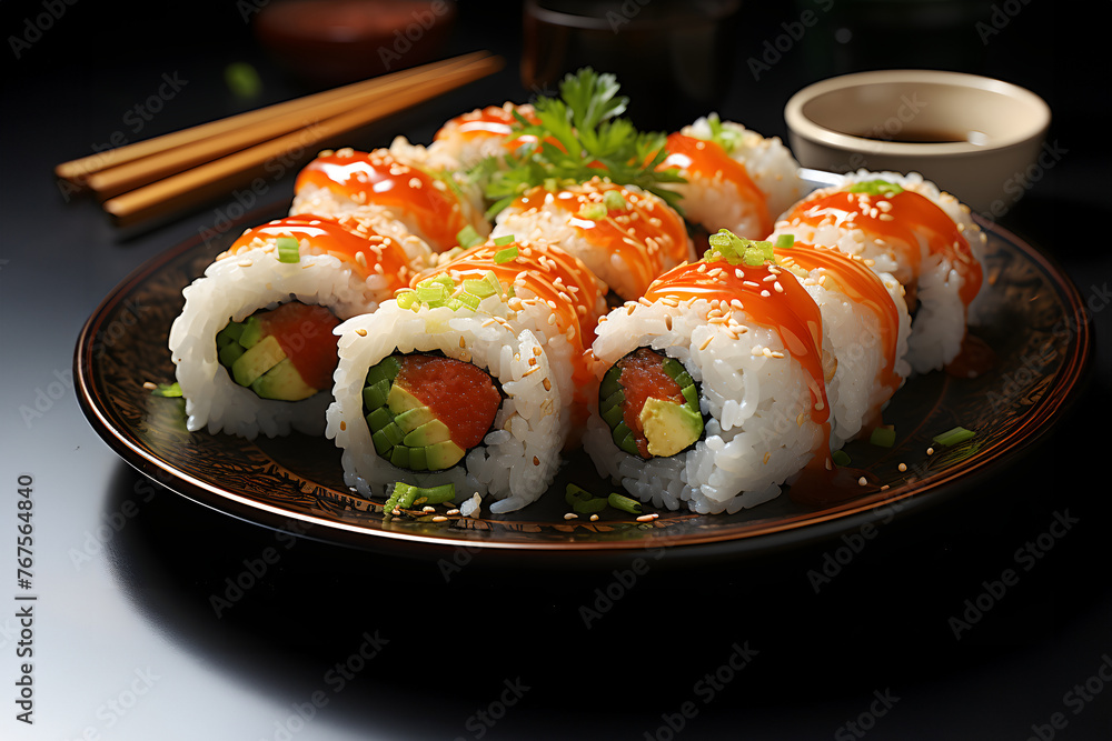 Sushi rolls with salmon, cream cheese, cucumber, sesame seeds, wasabi and ginger on a black background. Sushi menu. Japanese food Sushi rolls with salmon, cream cheese, cucumber, sesame seeds, wasabi and ginger on a black background. Sushi menu. Japanese food