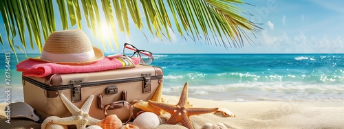 Travel suitcase on beach with sunny sea and palm tree leaves