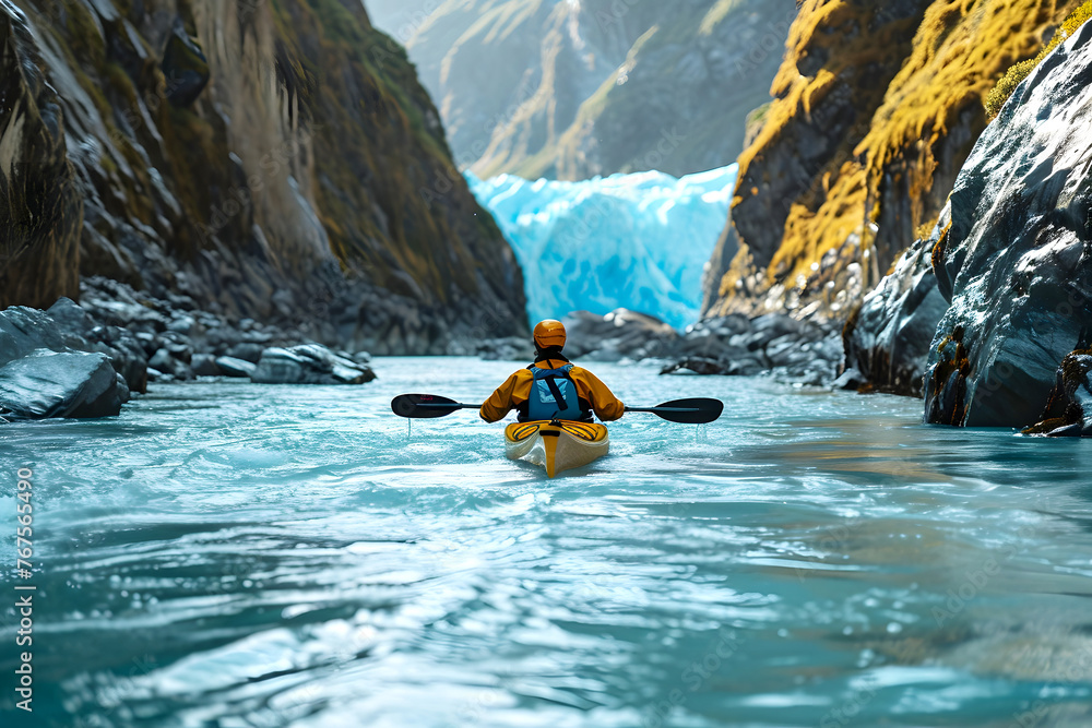 tourist floats on a yellow kayak along the river on the fjords. water sports and boat travel