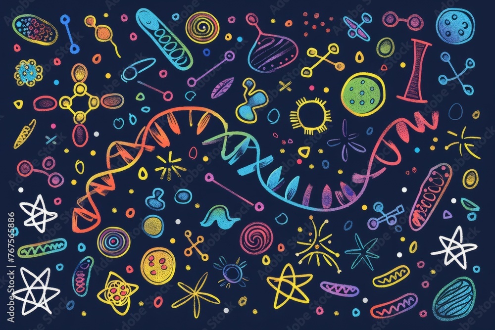 Naklejka premium Cartoon cute doodles of DNA strands and molecular structures, illustrating the building blocks of life in a playful manner, Generative AI