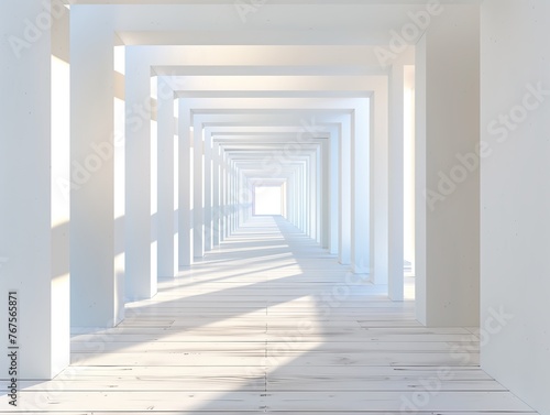 A long  narrow hallway with white walls and wooden floors