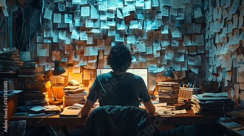 a man work overtime, front of the computer, pile of a documents both on side