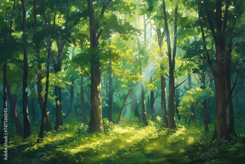 an oil painting of a forest with trees and sunlight, in the style of realistic fantasy artwork