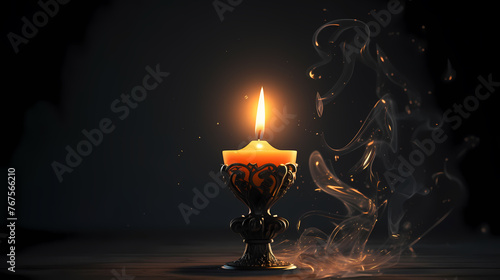 A lonely candle illuminates the foggy room with its beam