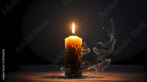 A lonely candle illuminates the foggy room with its beam