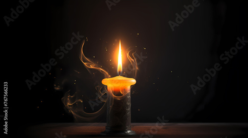 A lonely candle illuminates the foggy room with its beam