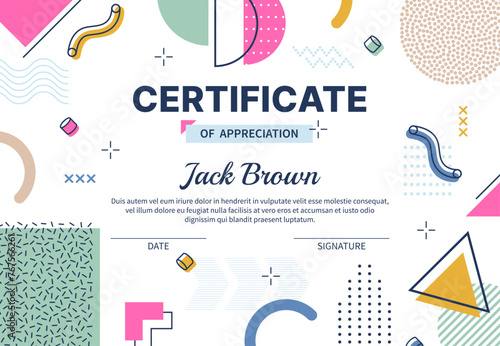 Abstract geometric Memphis certificate of appreciation template, modern background. Vector vibrant diploma, featuring bold, shapes, playful patterns, and bright colors, exuding energy and creativity