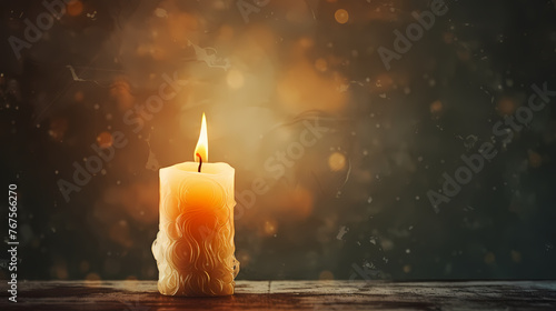 A lonely candle illuminates the foggy room with its beam