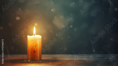 A lonely candle illuminates the foggy room with its beam