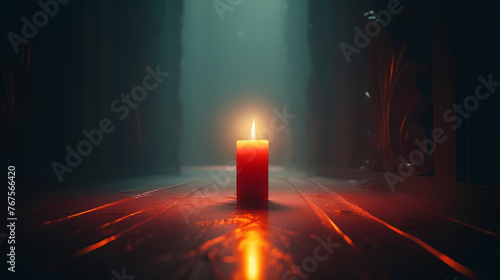A lonely candle illuminates the foggy room with its beam
