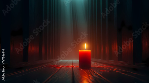 A lonely candle illuminates the foggy room with its beam