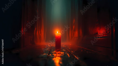 A lonely candle illuminates the foggy room with its beam