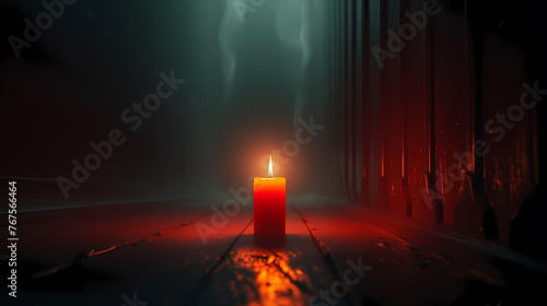 A lonely candle illuminates the foggy room with its beam