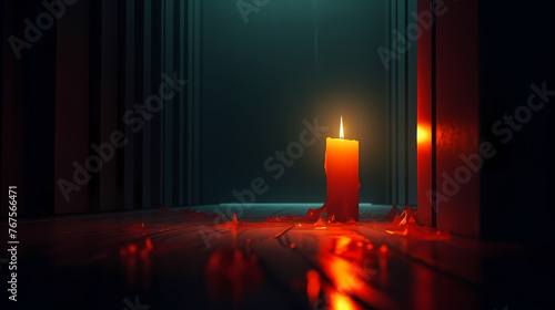 A lonely candle illuminates the foggy room with its beam