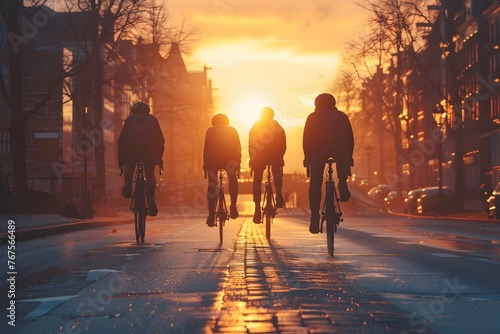 Cyclists Embracing Dawn: Freedom on Cityscapes' Open Roads photo