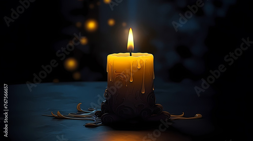 A lonely candle illuminates the foggy room with its beam