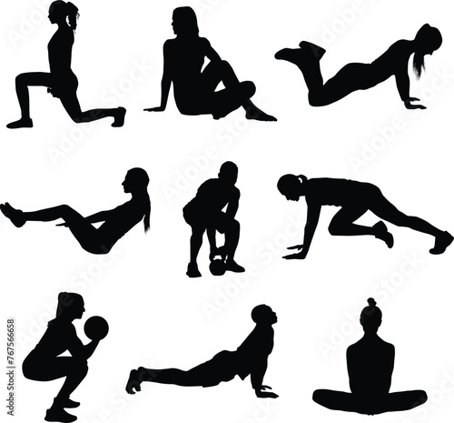 silhouettes of people doing yoga workout exercise activity
