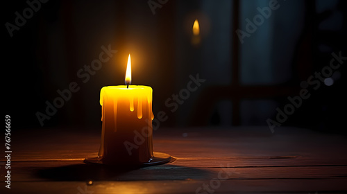 A lonely candle illuminates the foggy room with its beam
